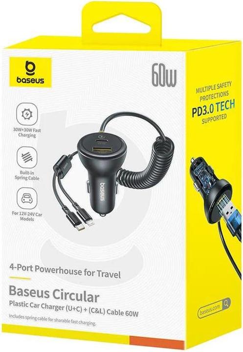 Image du produit Baseus Chargeur de voiture circulaire en plastique (C+C) + câble (C&L) 60W Cosmic Black
