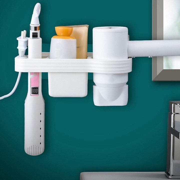 Image du produit Hermex Support mural pour sèche-cheveux Ustensiles de bain avec 3 compartiments Blanc