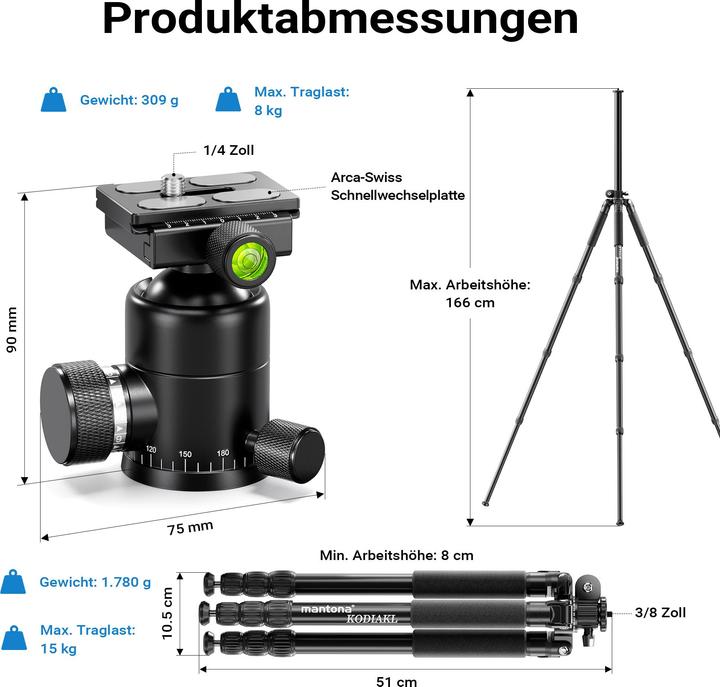Produktbild mantona Kodiak L 284 + Onyx 8 Kugelkopf Set Stativkopf Fotostativ Aluminium (Kunststoff, Metall)