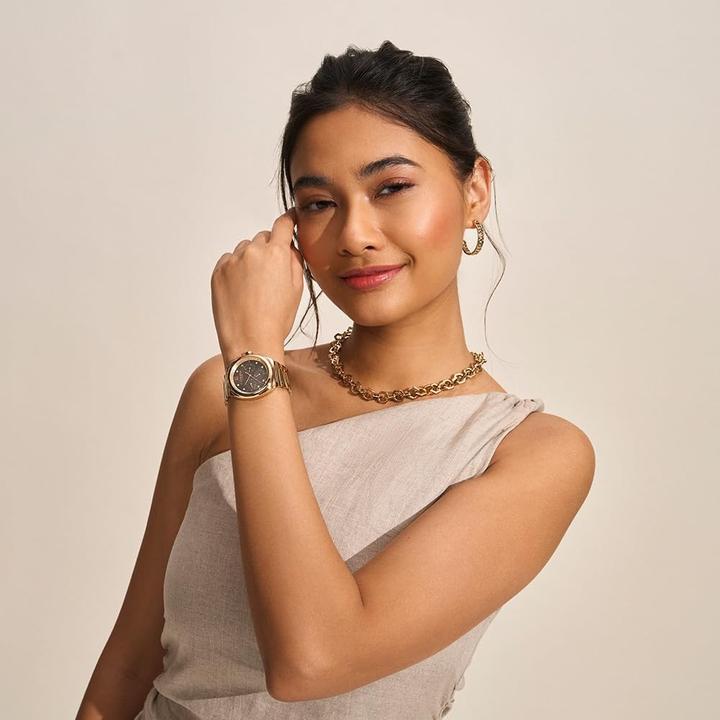 Actual product image Olivia Burton Multifunction Quartz Watch with Black Mother-of-Pearl Dial and Hexagonal Link Bracelet (36 mm)