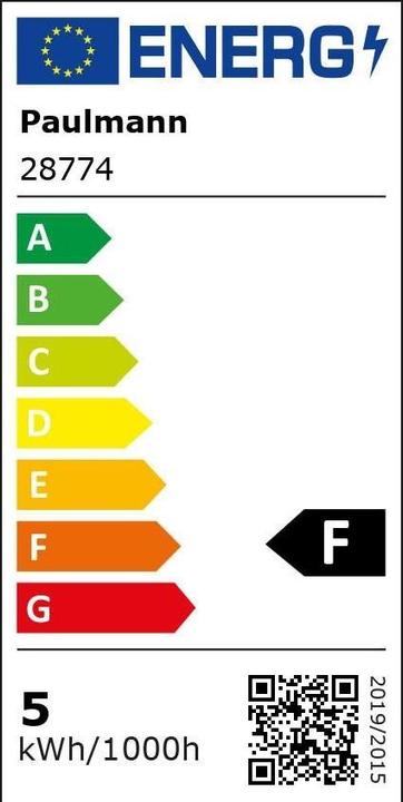 Etichetta energetica Paulmann Lampada FANTASTIC COLORS G125 E27 5 W Bianco caldo (E27, 5 W, 470 lm, 1 x, F)