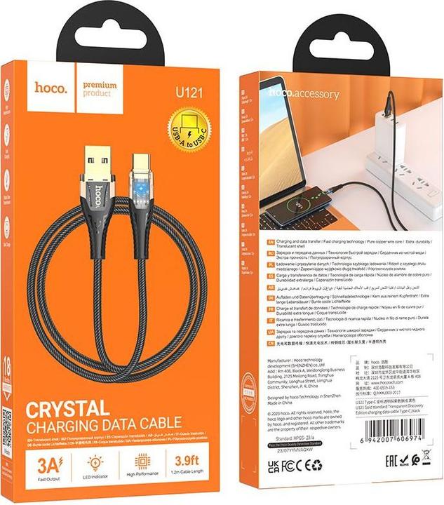 Actual product image Hoco Cable Cable USB A to USB C 2,4A 1,2 m U121 black transparent (1.20 m, USB 2.0, 60 W)