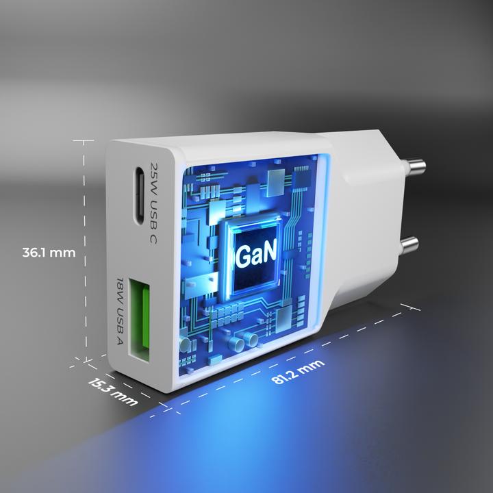 Actual product image prio Ladegerät GaN POWER 25W PD PPS (USB C)+QC 3.0 (USB A) weiss (15 W)