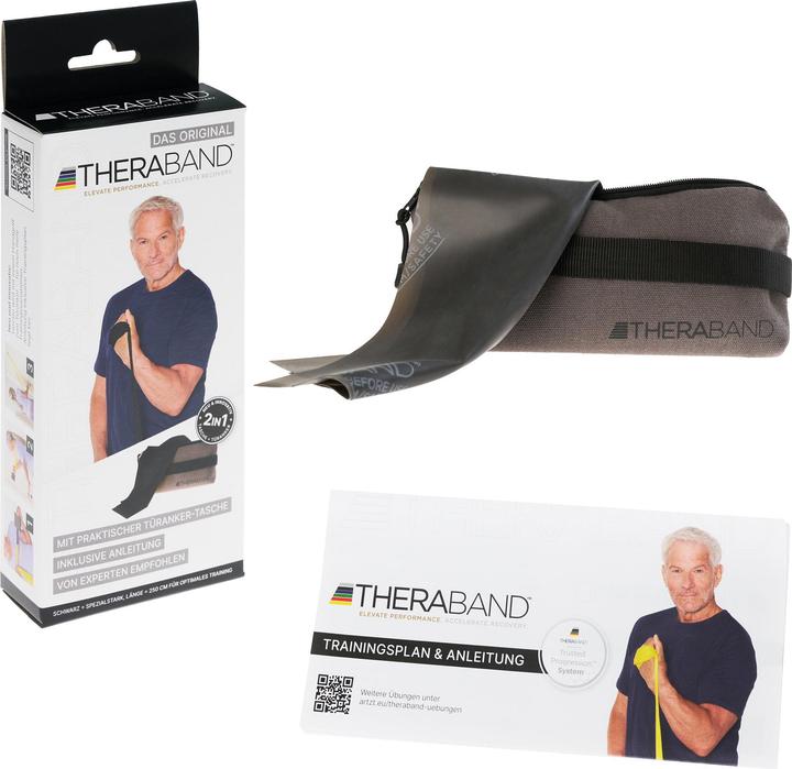 Actual product image TheraBand 2.50m incl. door anchor + bag black Resistance 3.3kg Terrabands gymnastic band Fitnessba (2.50 m, Extra strength)