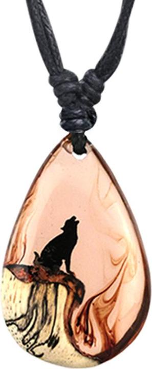 Actual product image Chaotic Trading Necklace black pendant drop wolf on mountain epoxy orange made of tamarind wood (without brass, Organic)