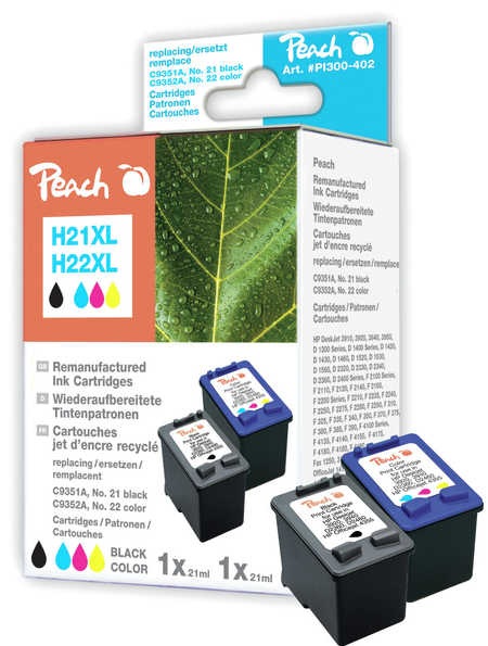 Produktbild Peach Spar Druckköpfe kompatibel zu No. 21XL, C9351AE, No. 22XL, C9352AE (M, BK, C, Y)