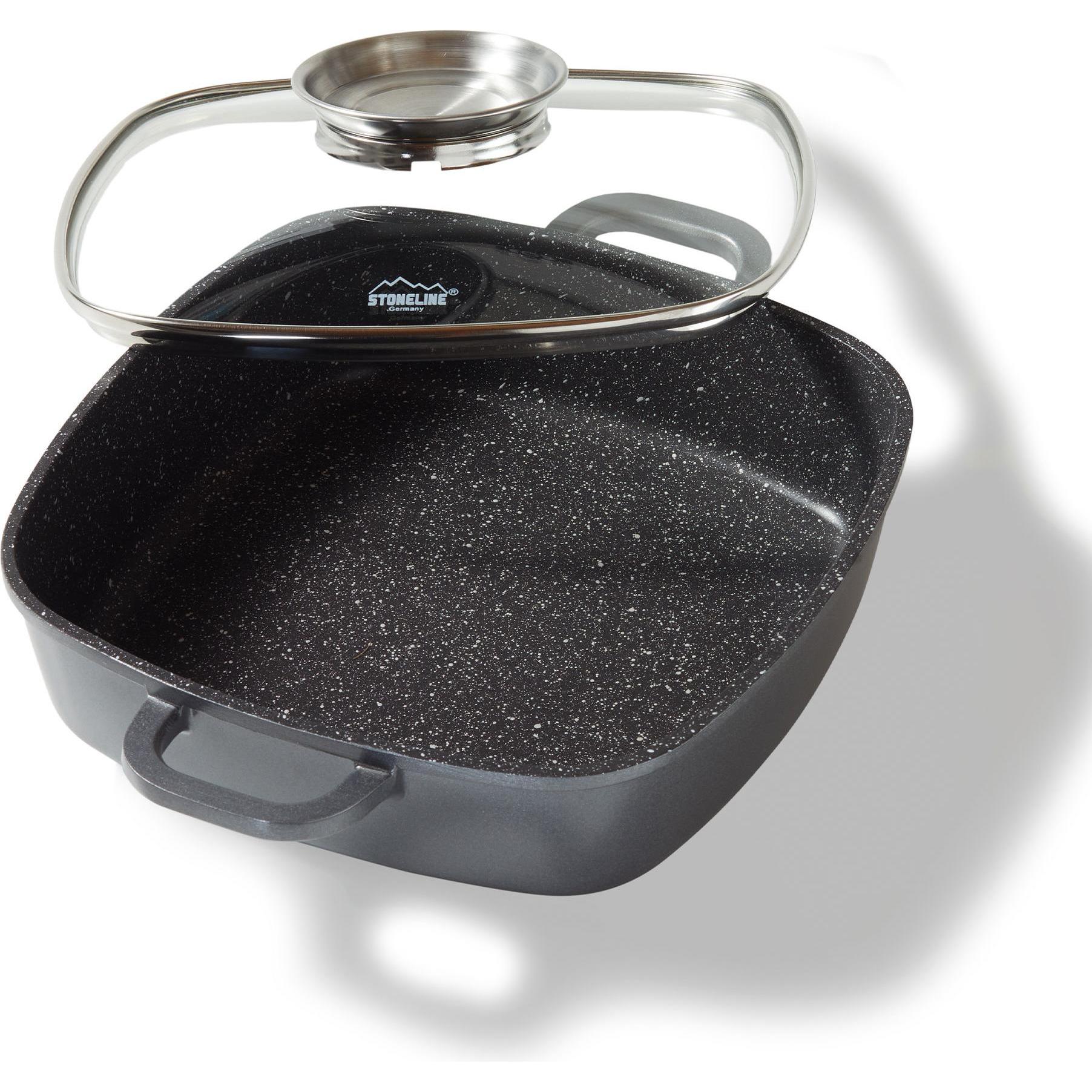 Stoneline Eckpfanne 28x28 cm mit Aroma Glasdeckel, Pfanne rechteckig, Backofen, Induktion geeignet, Pfanne + Kochtopf, G...