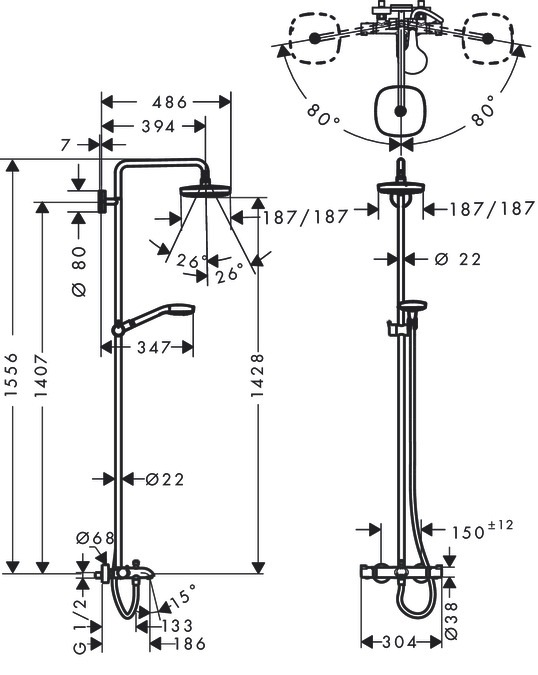 Produktbild hansgrohe HG Showerpipe CROMA SELECT E 180 2jet DN 15, für Wanne weiss/chrom