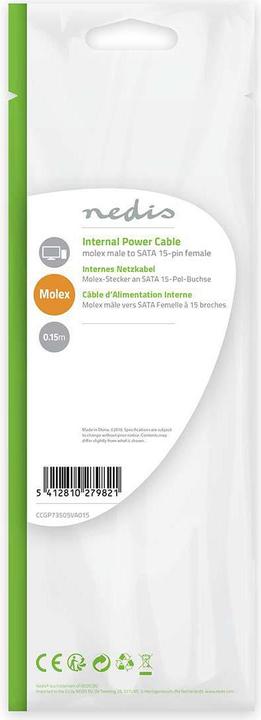 Actual product image Nedis Internal power cable | Molex male | SATA 15-pin female | Gold-plated | 0.15 m | Round | PVC | Me