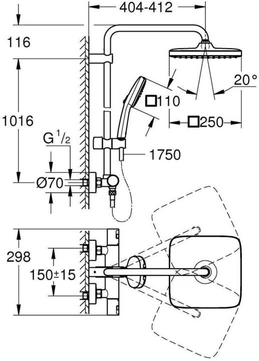 Produktbild Grohe Vitalio Comfort 250 Duschsystem mit Thermostatbatterie und Vitalio Comfort 110 Handbrause, inkl. Mon