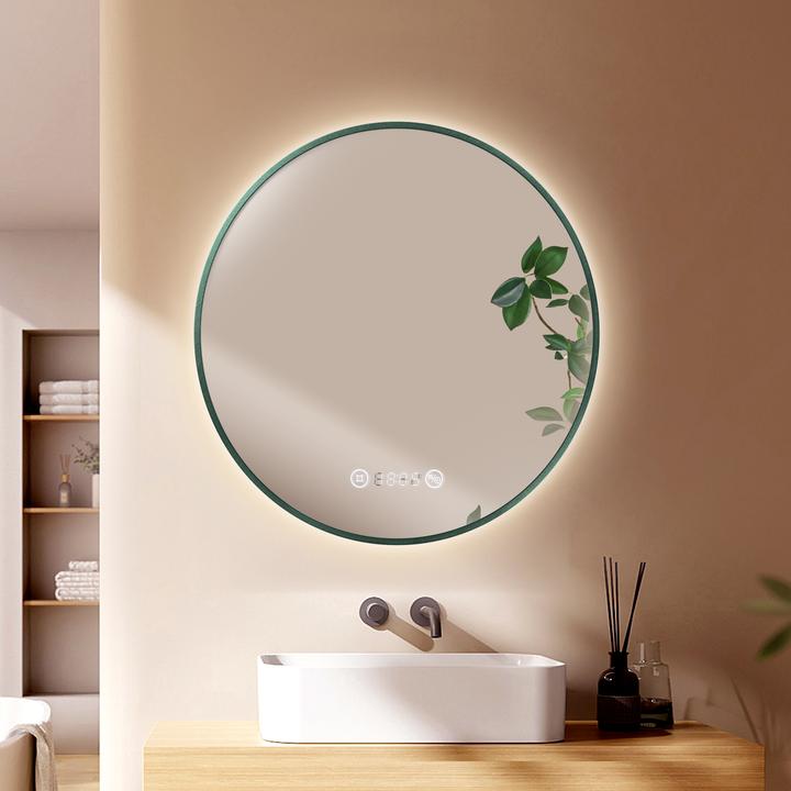 Actual product image Emke Round bathroom mirror 70 cm with lighting, dimmable, anti-fog, clock, temperature display, IP44 (70 x 70 cm)