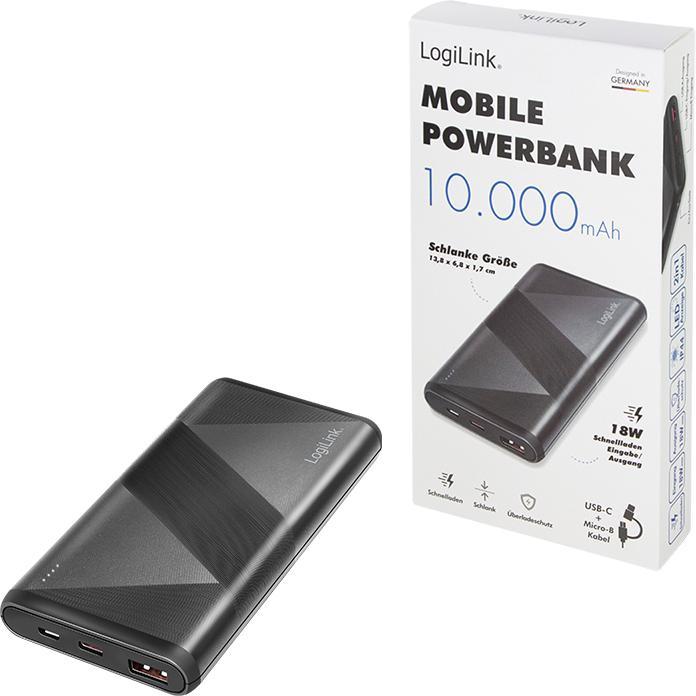 Actual product image LogiLink Mobile auxiliary battery, 10,000 mAh, 2x USB, black Portable auxiliary battery for smartphones & (10000 mAh, 18 W, 37 Wh)