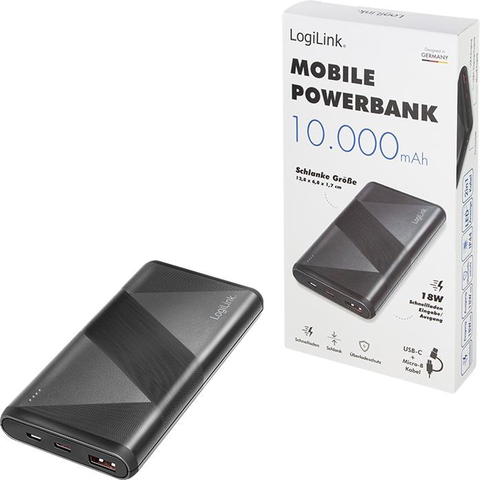 Produktbild LogiLink Mobiler Zusatzakku, 10.000 mAh, 2x USB, schwarz tragbarer Zusatzakku für Smartphones & Tablet-PCs (10000 mAh, 18 W, 37 Wh)