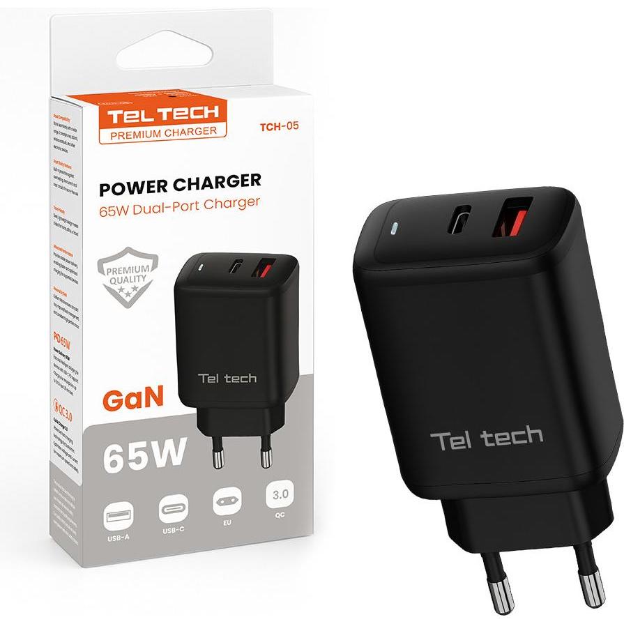 Teltech GAN 65W WAND-LADEGERÄT USB+TYPE-C SCHWARZ PD TCH-05 (65 W), Caricatore USB, Nero