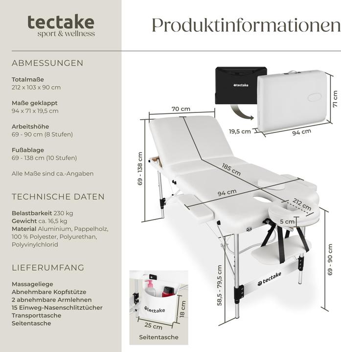Actual product image tectake Massage Table - 3-zone bed with aluminium frame, head- and armrests, carry bag