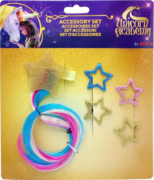 Unicorn Academy Sterne Set: Haarspange mit bunten Haaren und 4 Glitzer Haarclips auf backercard 17x3x20 cm