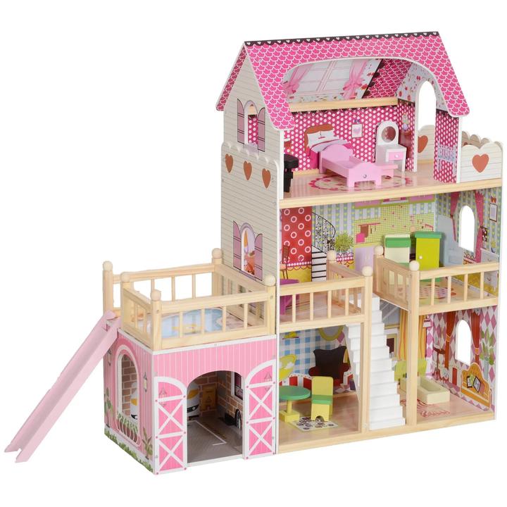 Produktbild Fasnacht Rosa Puppenhaus mit 3 Etagen 13 Möbelstücke aus MDF Holz 114x32x92cm