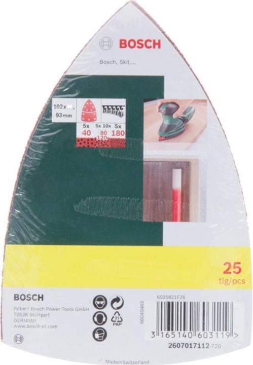 Actual product image Bosch Zubehör Sanding sheet set for multi-sander, 25-piece, 11 holes, 102 x 62 mm, 40 - 180 (120, 180, 40, 80)