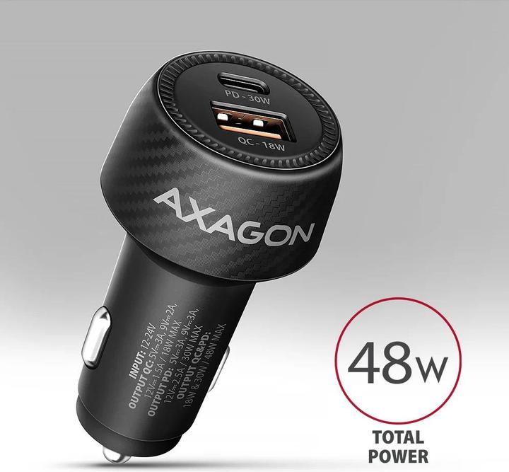Produktbild Axagon PWC-PQ48, nabíječka do auta 48W, výstup USB-A + USB-C, PD3.0/PPS/QC4+/SFC/Apple
