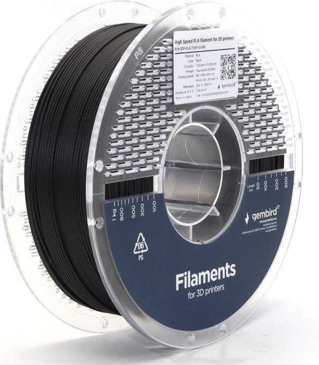 Actual product image Gembird 3DP-PLA1.75HY-01-BK High-speed flat Filam Black 1.75 mm 1 kg (PLA, 1.75 mm, 1000 g, Black)