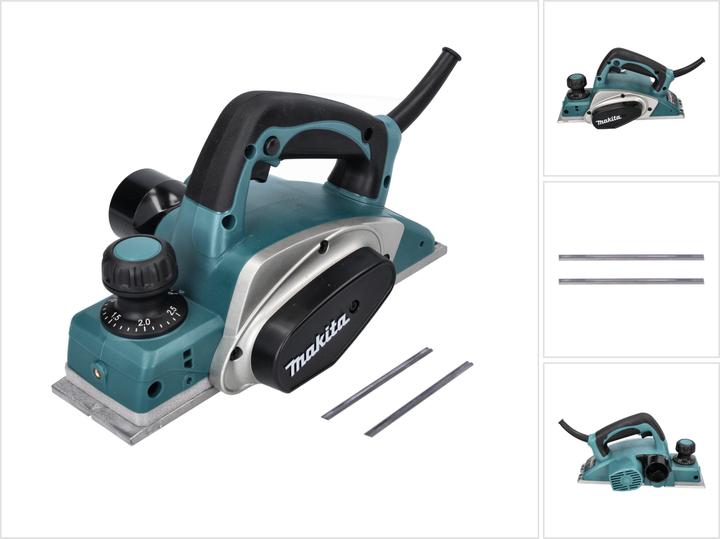 ohne Koffer, 1x Steckschlüssel SW9 ( 782209-3 ), 1x Makita KP 0800 Falzhobel / Elektrohobel, 1x Messereinstelllehre ( 123062-2 ), 1x Druckplatten für Wendemesser ( 193540-6 ), 1x Makita Wendemesser HM 82mm D-07945, 1x HM-Wendemesser 2er Pack ( D-07945 )