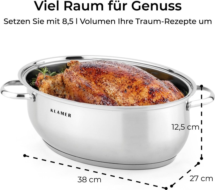 Produktbild KLAMER Edelstahl Bräter mit Deckel 38 cm, backofengeeignet, 8.5L mit 4L Deckelpfanne, für alle Herdarten (38 cm, Bräter + Schmortopf, Edelstahl)