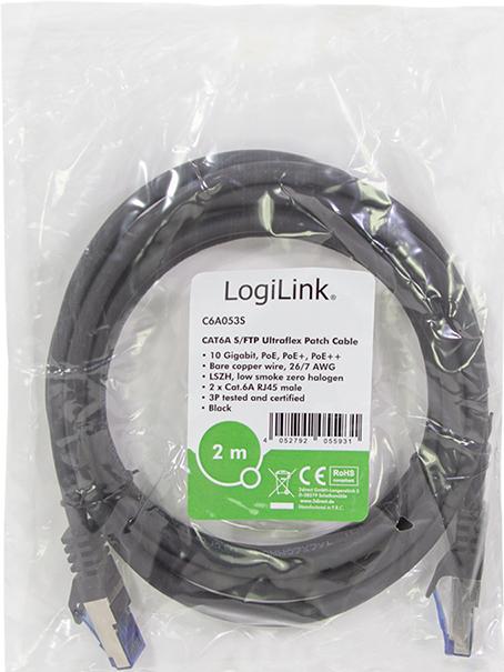 Image du produit LogiLink Cordon de raccordement Ultraflex, Cat.6A, S/FTP, 2.0 m, noir avec câble brut Cat.7, câble extra (S/FTP, CAT6a, 2 m)