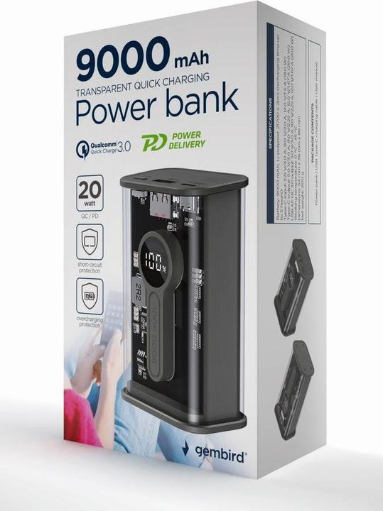 Actual product image Gembird PowerBank Transparent QC3.0 black (9000 mAh, 20 W, 33.30 Wh)