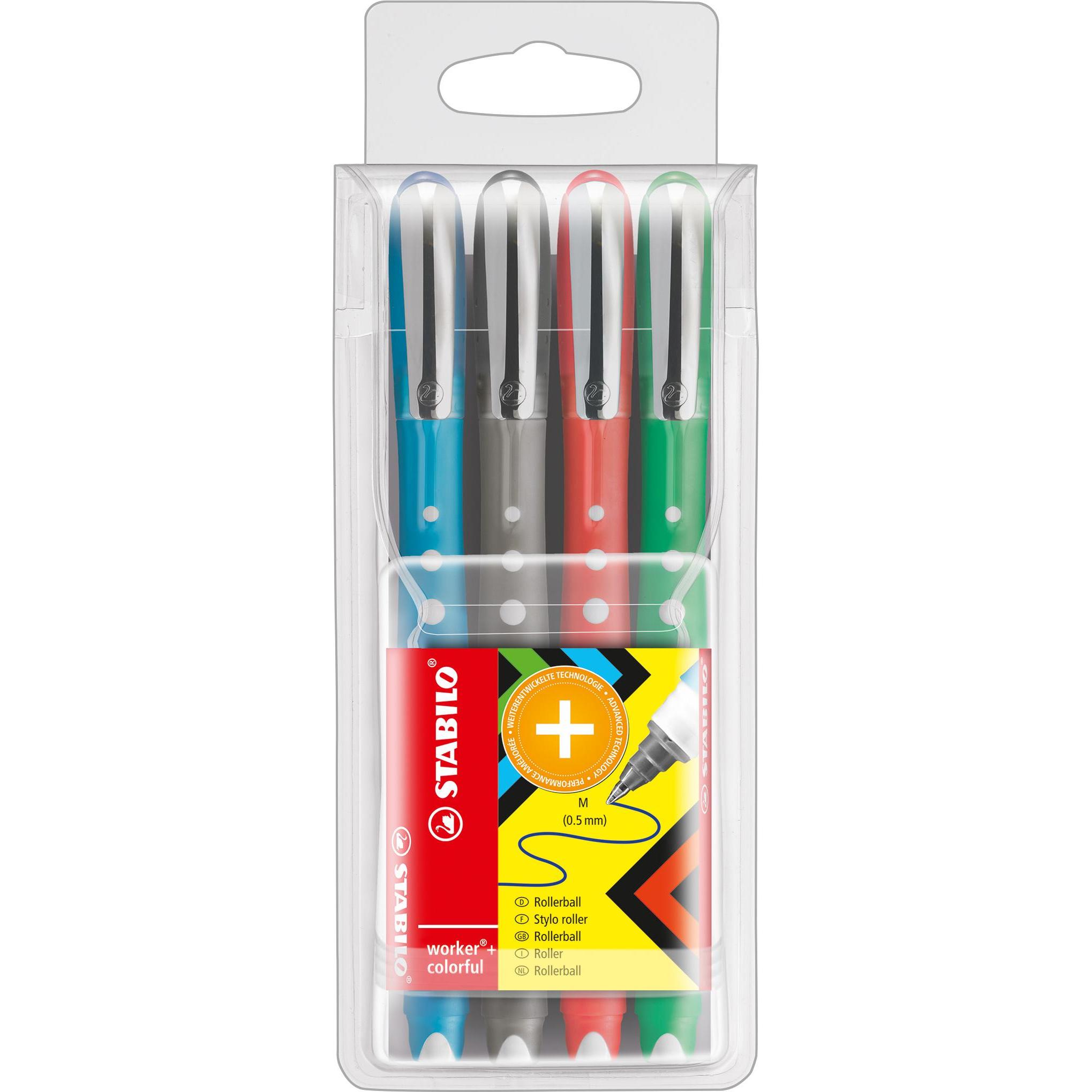 STABILO, Schreibstifte, worker+ colorful Tintenroller (Rot, Schwarz, Grün, Blau, 4 x)