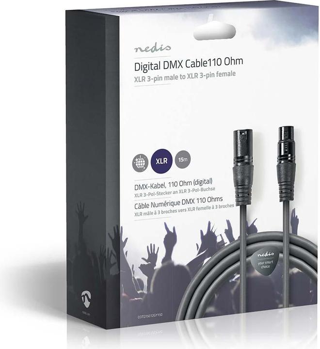 Actual product image Nedis DMX cable, 110 Ohm (digital) - XLR 3-pin male - XLR 3-pin female - 15 m - Grey (15 m, XLR Cables)