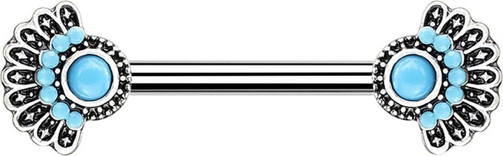 Produktbild Star Piercing Barbell silber Tribal Fächer mit Türkis Stein (Chirurgenstahl 316L, Messing)