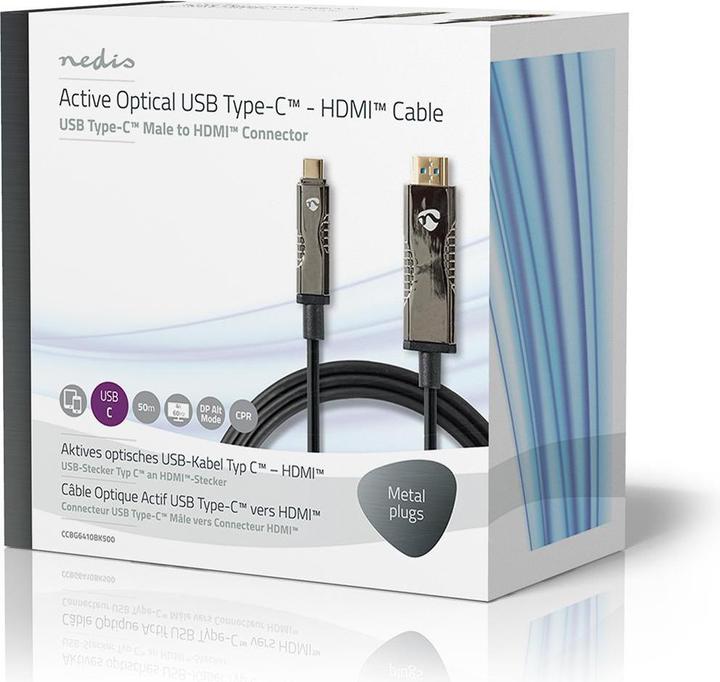 Actual product image Nedis Optical USB cable (active) USB-CT plug HDMIT plug 18 Gbps 50.0 m round PVC Black Carto (50 m, USB Type C)