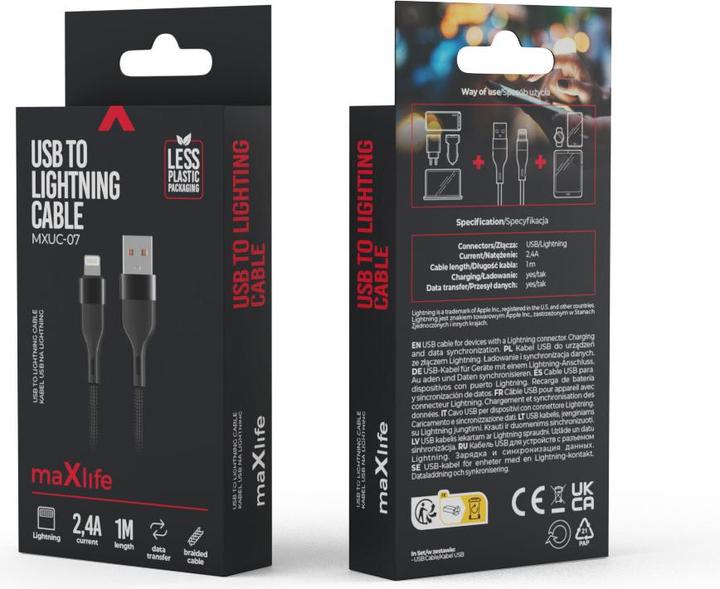 Actual product image Maxlife MXUC-07 cable USB - Lightning 1,0 m 2,4A black nylon (1 m, 12 W)