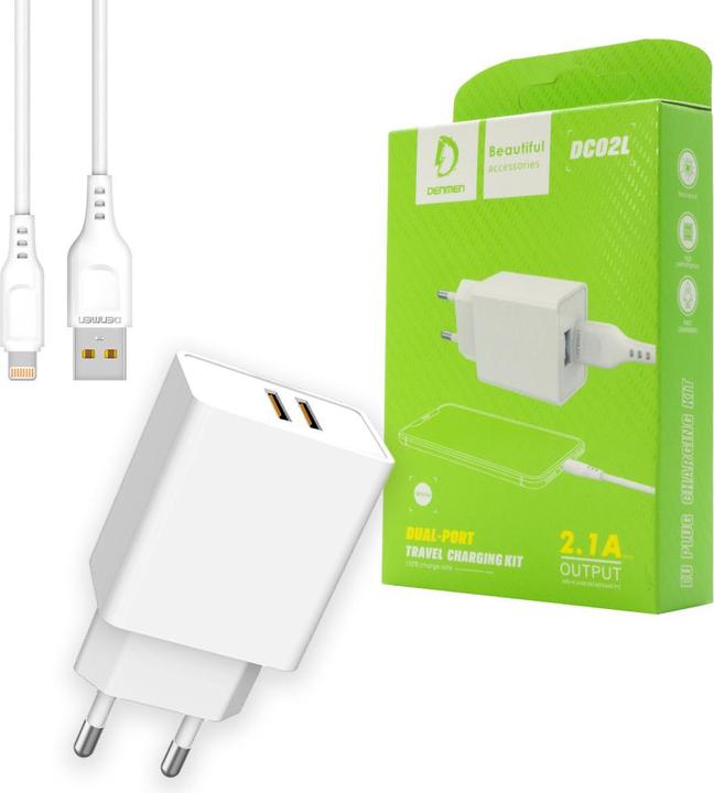 WAND-LADEGERÄT 2.1A 10W WEISS DENMEN 2100mA 2xUSB DC02 + IPHONE WEISSES KABEL (10 W, 2 ports)