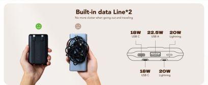 Actual product image Veger C11 VG-W1170 PowerBank 10000mAh smallest PD20W with cables bulit-in (10000 mAh, 22.50 W, 38.50 Wh)