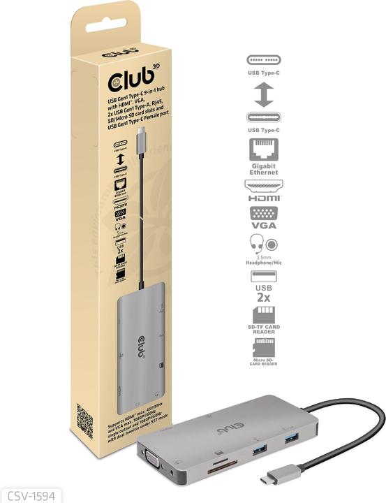Immagine prodotto Club 3D Club3D USB 9-in-1 Hub USB-C > HDMI/VGA/2xUSB/USB-C//SD (USB-C, 9 porte)