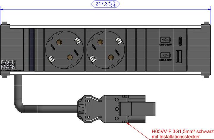 Productafbeelding Bachmann CONI module rek 3-voudig 2x stopcontact 1x USB lader A/C (912.233) (2 x, CEE 7/3, 0.20 m)