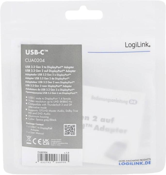 Produktbild LogiLink USB 3.2 Gen2 Type-C-Adapter, USB-C/M zu DP/F, 8K, Alu, schwarz/grau (4 cm)