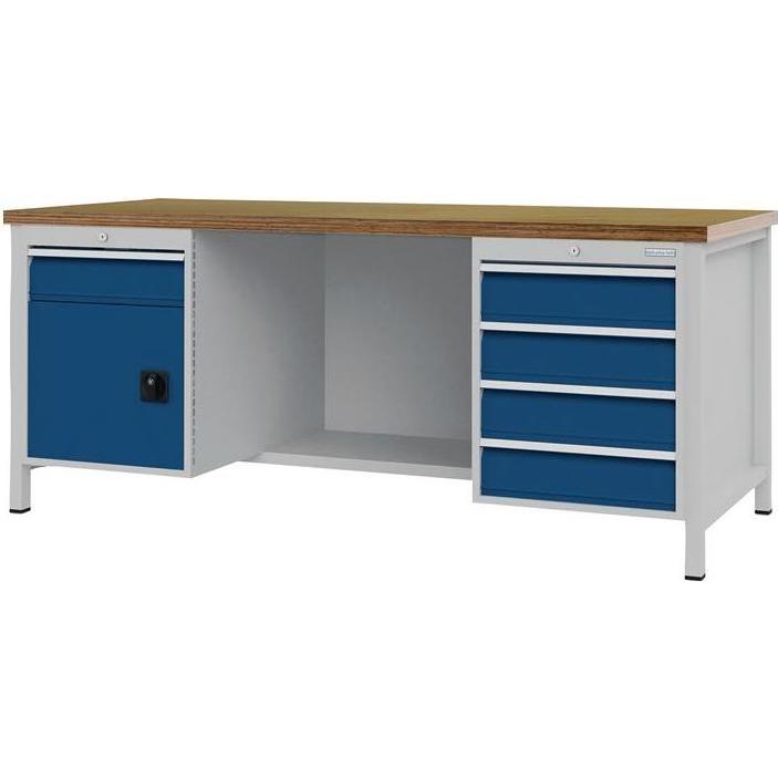 Bedrunka & hirth, Werkbank + Arbeitsbock, Werkbank signalblau lichtgrau B2000xH859xT750mm Buche Multipl.40mm 5 Schub.1 T...