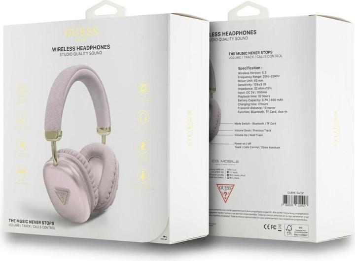 Actual product image Guess Wireless Bluetooth Headset Saffiano Triangle Logo Pink, GUBHK1SATSP, Universal (32 h, Wireless)