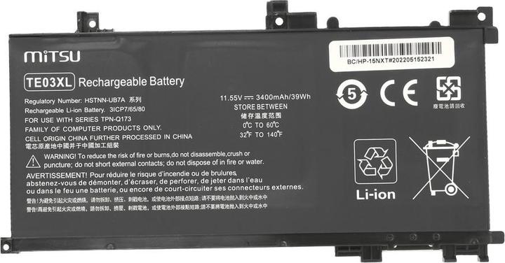 Actual product image Mitsu Battery for HP Omen 15 Pavilion 15 - 11.55 3400 mAh (39 Wh) 11.55 Volt (3 cubicles, 3400 mAh)