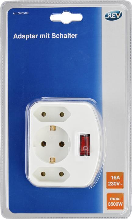 Actual product image REV 3-way adapter with switch (3x, CEE 7/3)