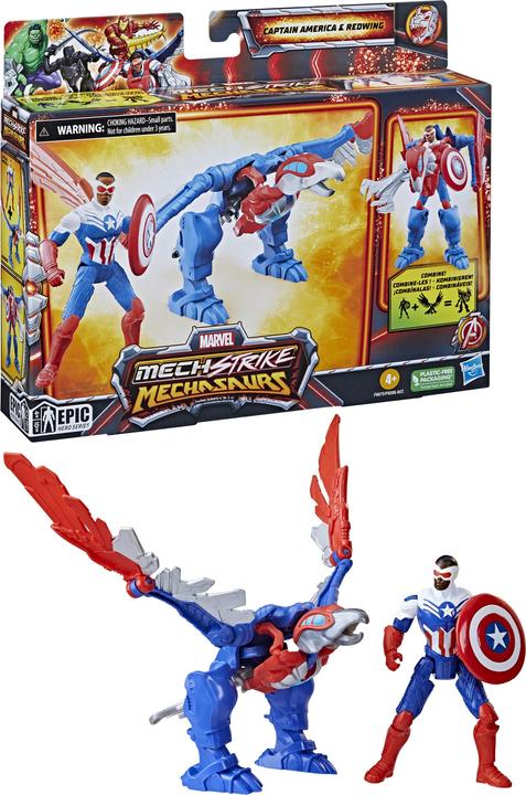 Produktbild Hasbro Mech Strike Mechasaurs, 10 cm grosse Captain America Action-Figur mit Redwing Mechasaur, Super