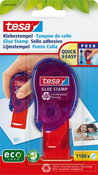 Produktbild tesa Klebestempel ecoLogo, doppelseitige Klebepads zum schnellen Verkleben von Papier, Pappe & Fotos