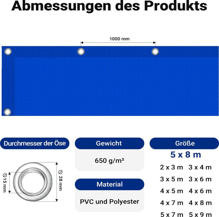 Produktbild Wiltec Abdeckplane wetterfest blau 5x8m Polyester Gartenplane 650g/m² Ösen Plane (8 x 5 m)