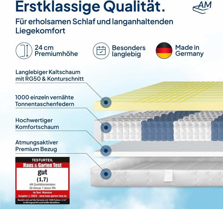 Immagine prodotto AM Qualitätsmatratzen 3D Deluxe 7-Zonen Taschenfederkernmatratze (160 x 200 cm, Nucleo della molla)