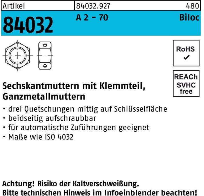 Produktbild Sechskantmutter R 84032 Biloc m.Klemmteil M 16 A 2 - 70 (M16)