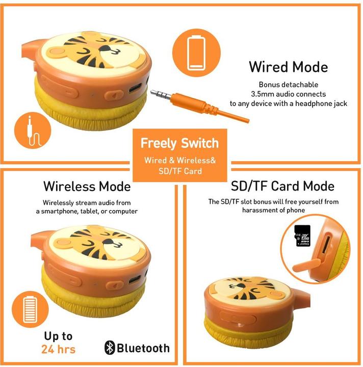 Actual product image PhoneLook Casque cool sans fil Bluetooth 5.3 pour enfants avec volume atténué 85dB et design amusant Tigre
