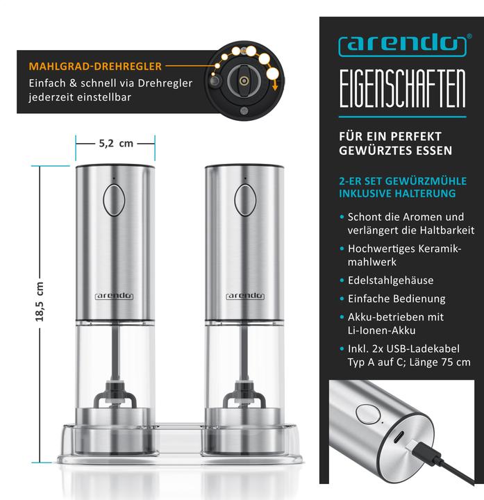Produktbild Arendo Salz- und Pfeffermühle 2er Set, Elektrische Salzmühle & Pfeffermühle, stufenlos einstellbar, Akku (Pfeffer, Salz)