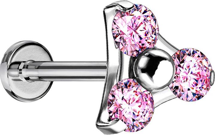 Actual product image Star Piercing Micro Threadless Labret silver triangle three crystals pink (without brass, Titanium)